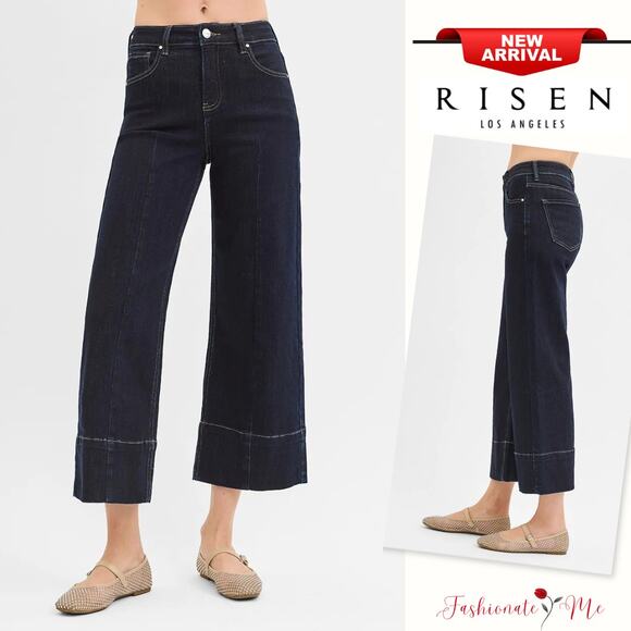RISEN Tummy Control High Rise Seam Detail Solid Dark Crop Wide Leg Denim Jeans - Picture 1 of 7